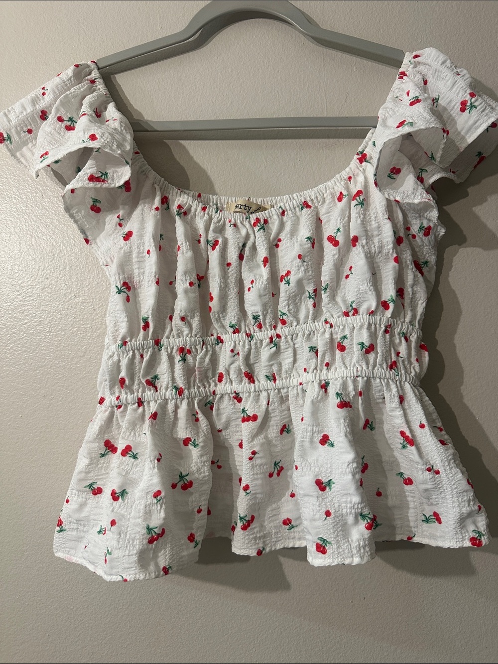 Liberty Love peplum top with cherries summer top Sz L